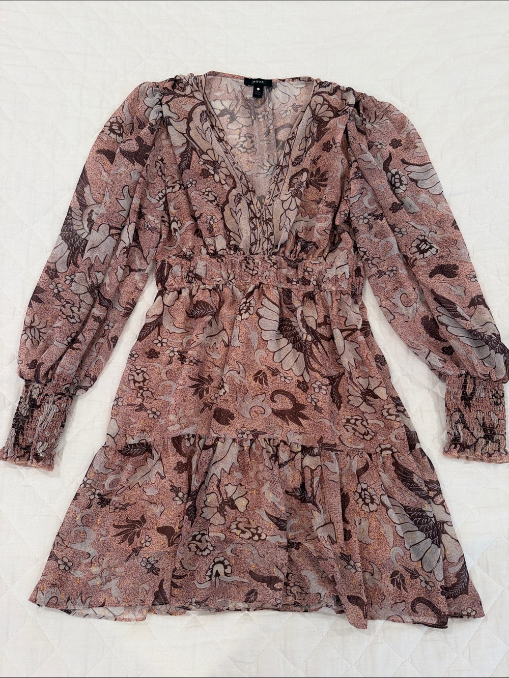 Aqua Blush and Mauve Floral V-Neck Long Sleeve Mini Dress